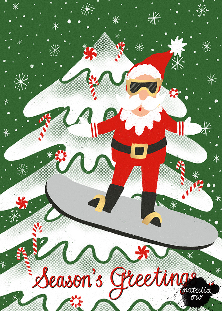 Snowboard Santa Greeting Card by nataliaoro