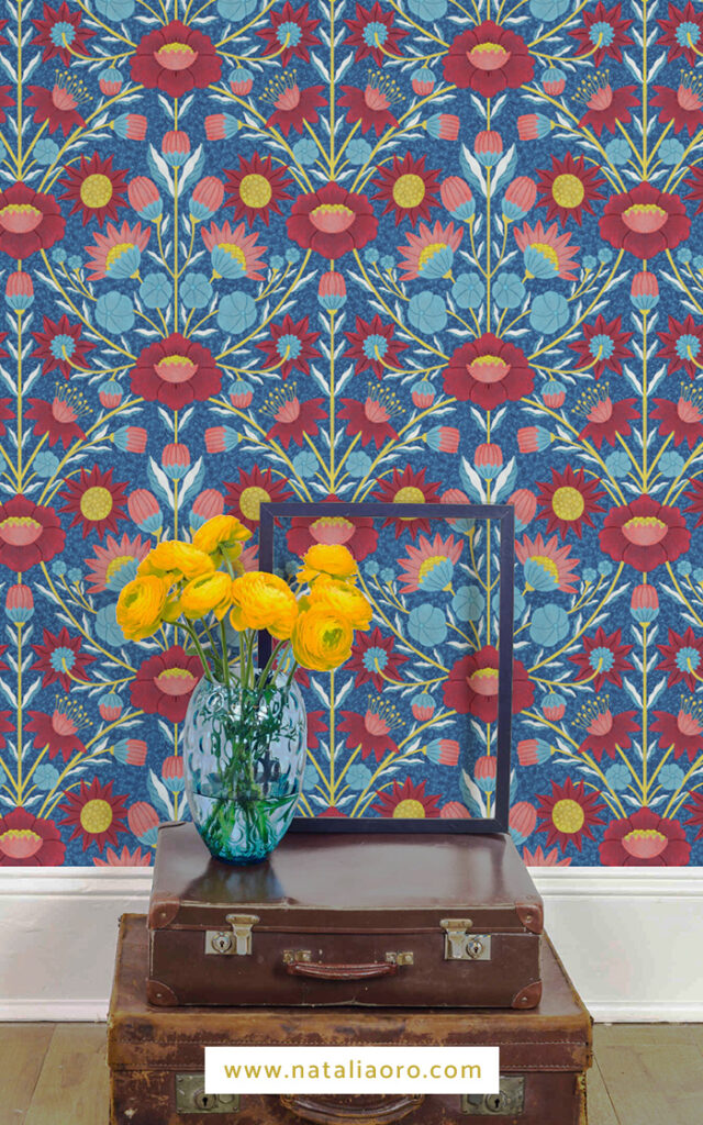 Eclectic Damask Pattern with Flowers Wallpaper