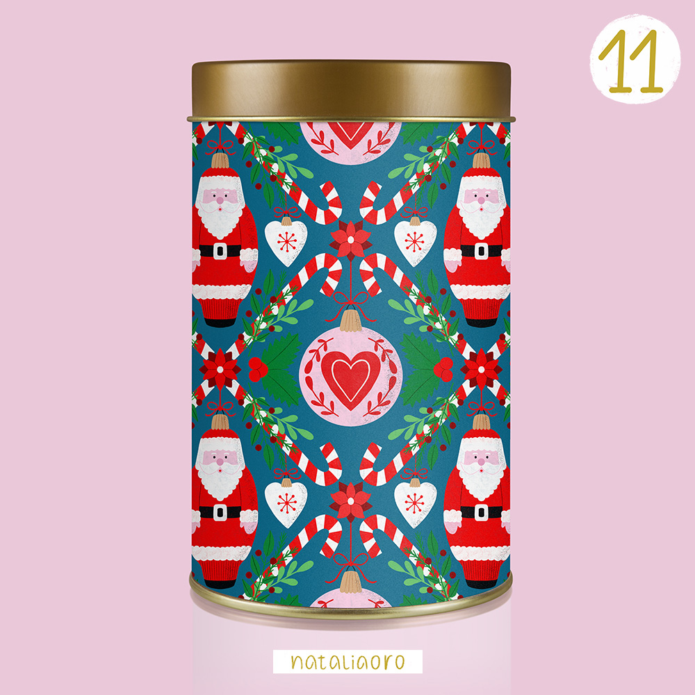 Day 11 Christmas Advent Calendar Santa Ornaments Pattern Tin Container by nataliaoro