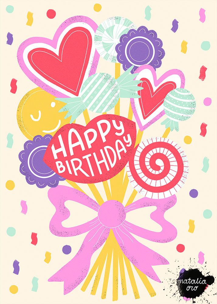 Happy Birthday Greeting Card with Candies, Bouquet and confetti by nataliaoro