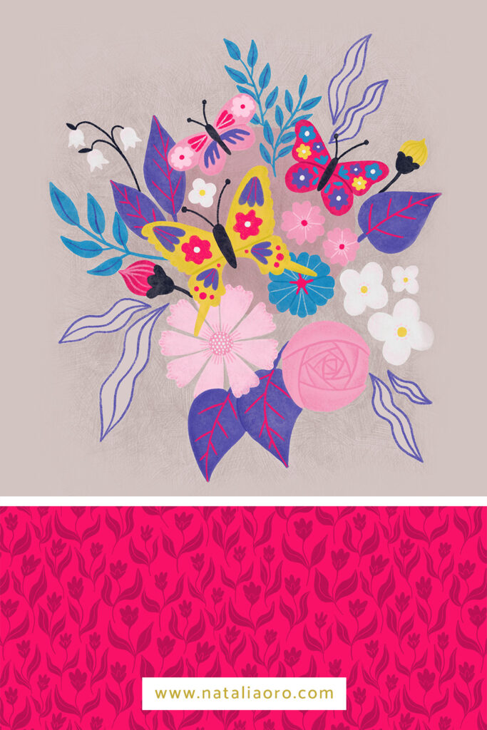 Floral pattern design and butterfly placement illustration from the pattern collection Birds, Blooms and Butterflies by nataliaoro