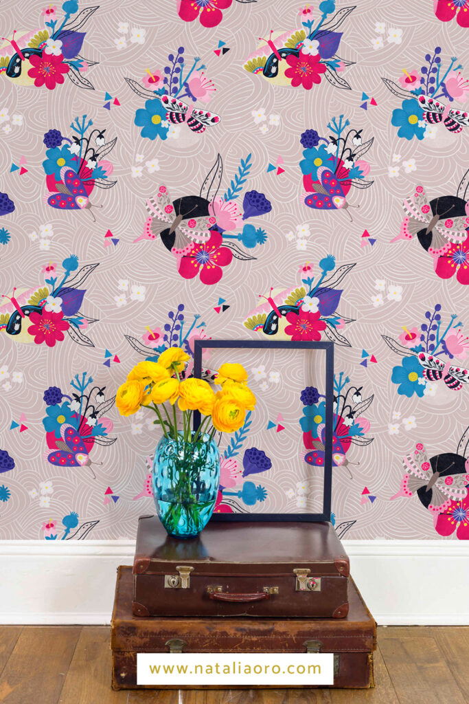 Wallpaper design from the pattern collection Birds, Blooms and Butterflies by nataliaoro