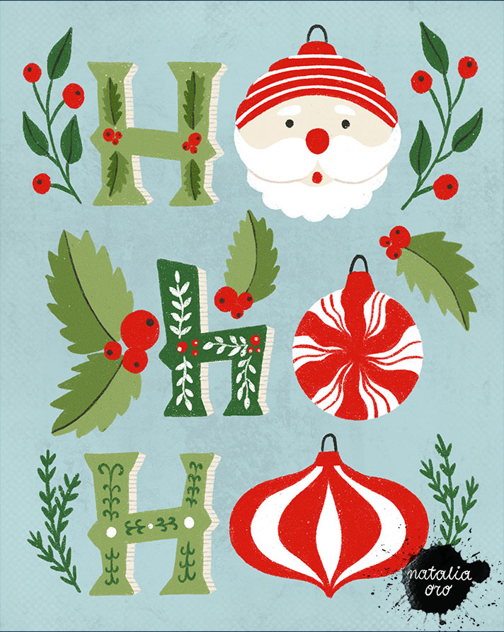HoHoHo Christmas Greeting Card with Santa Claus, plants and candies by nataliaoro