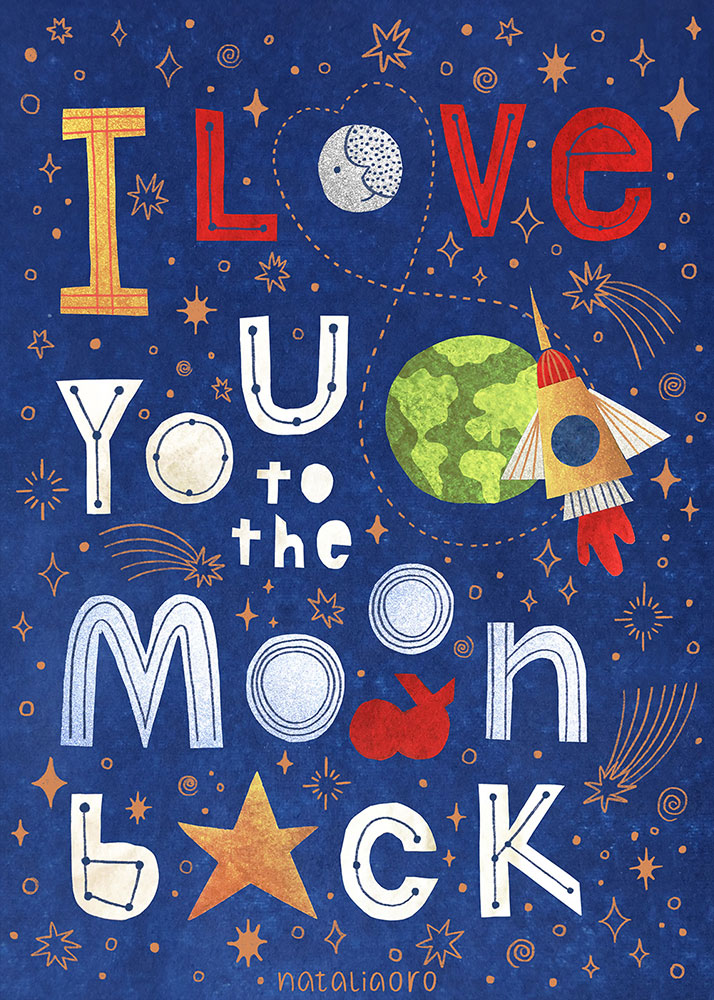 Paper cut out lettering illustration Love You to the Moon Back by nataliaoro