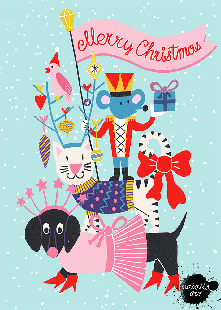 Merry Christmas, Pets Christmas illustrated Greeting Card with dog, cat, mouse and bird nataliaoro