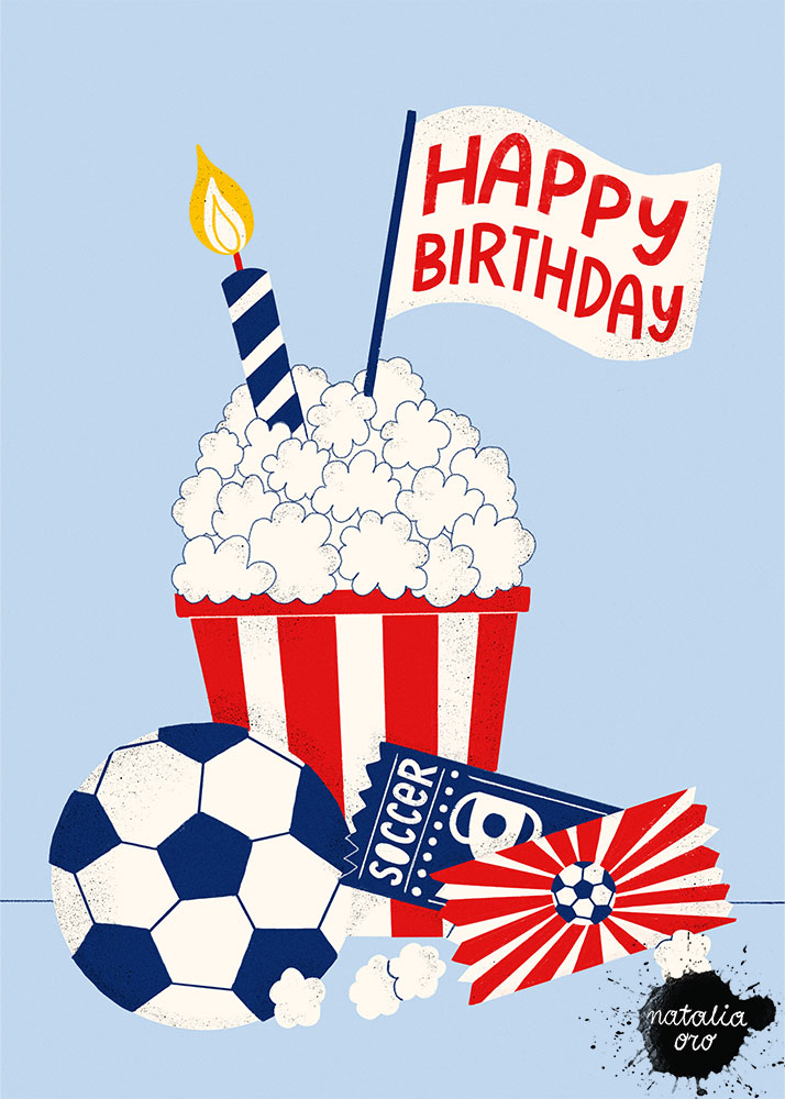 Illustrated Happy Birthday Greeting Card with popcorn, soccer and candle by nataliaoro