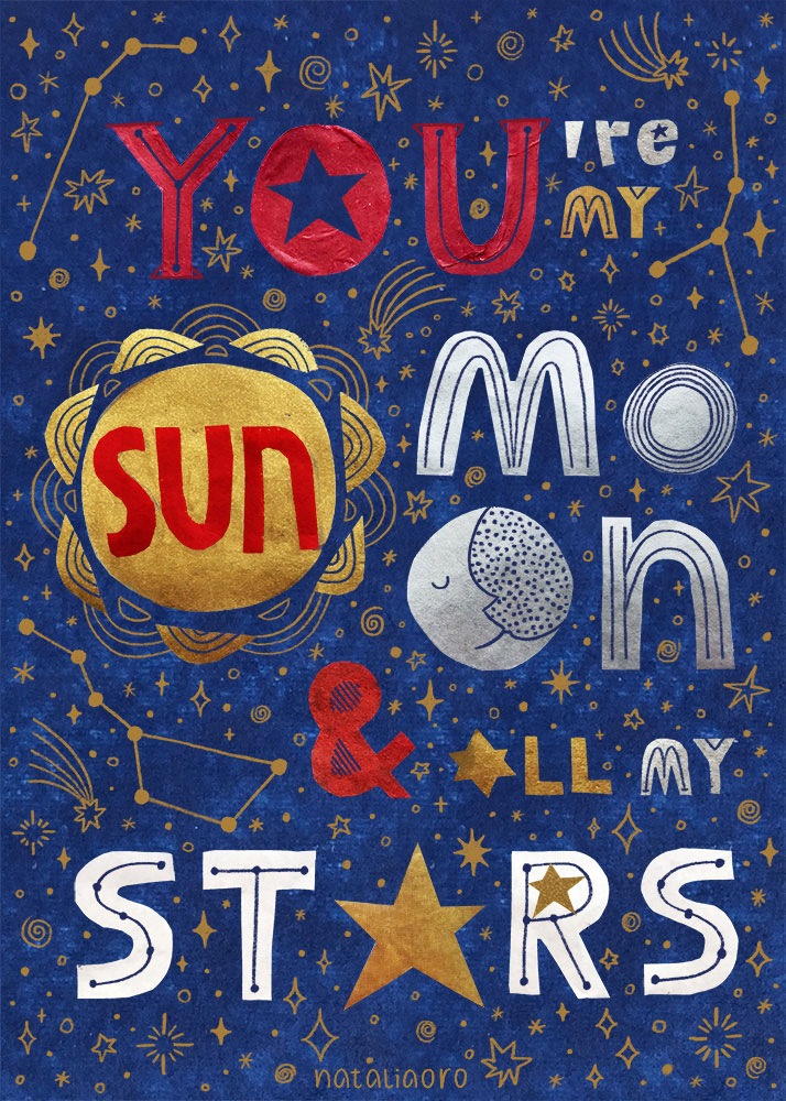 Paper cut out lettering illustration You are ma Sun, Moon and all my Stars by nataliaoro
