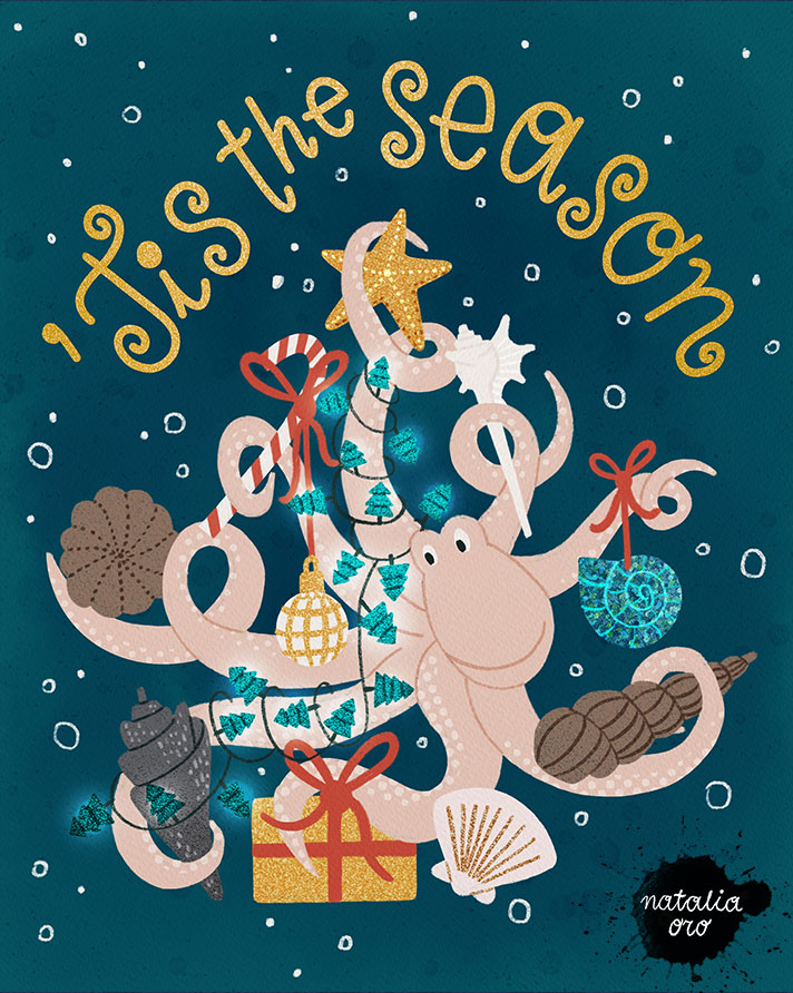 Underwater Christmas with Octopus, Gifts, sea star, shells and lights Illustration by nataliaoro