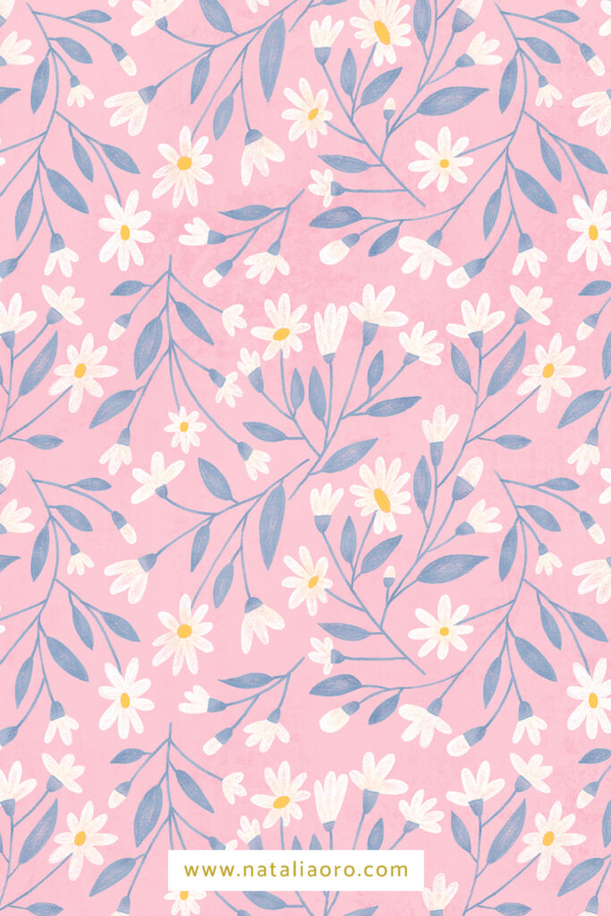 Intricate chamomile field floral pattern in pink by nataliaoro