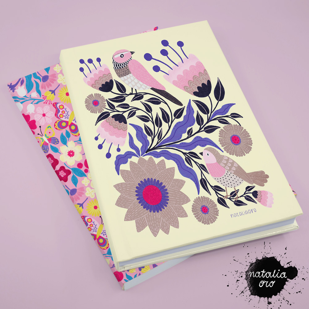 Notebooks mockup butterflies birds flowers illustration and floral pattern by nataliaoro