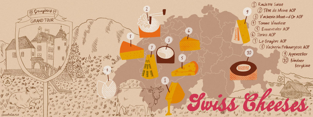 Illustrated map of Switzerland and it´s cheeses by nataliaoro 2020