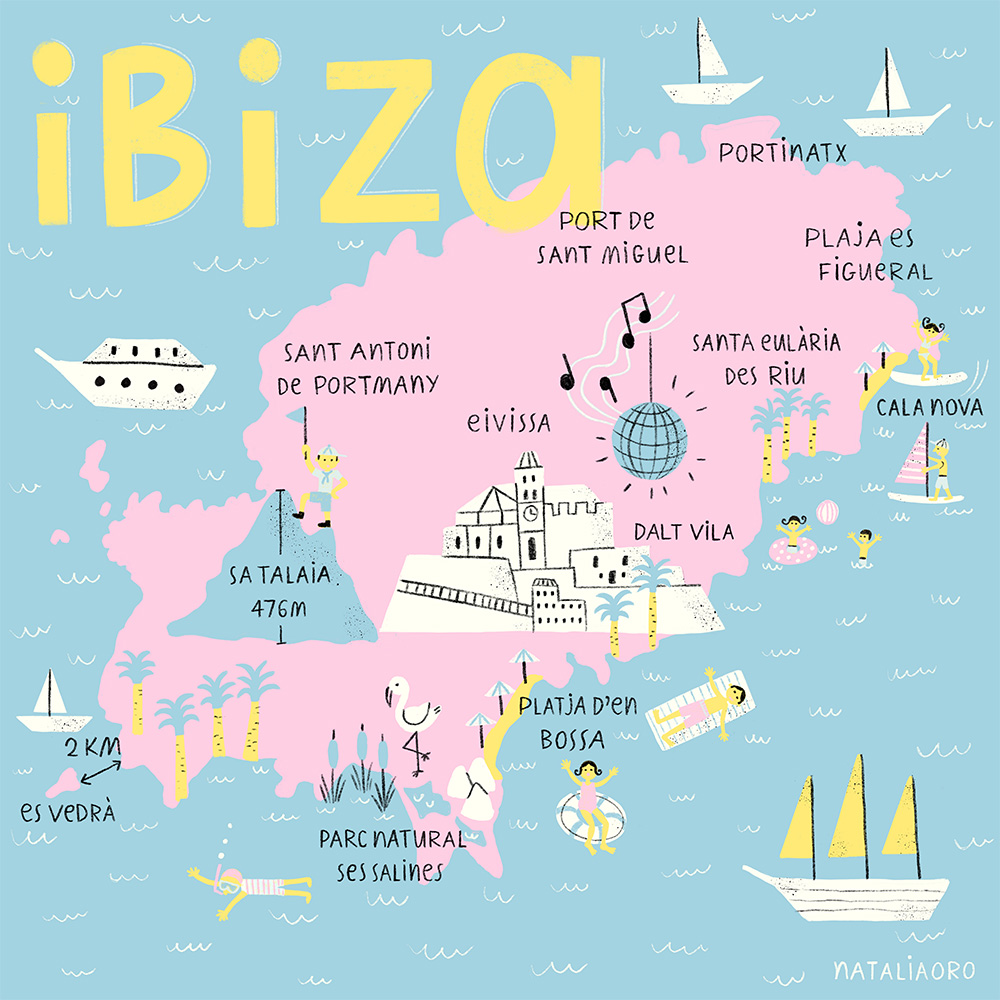 Illustrated Map of the Spanish island Ibiza 