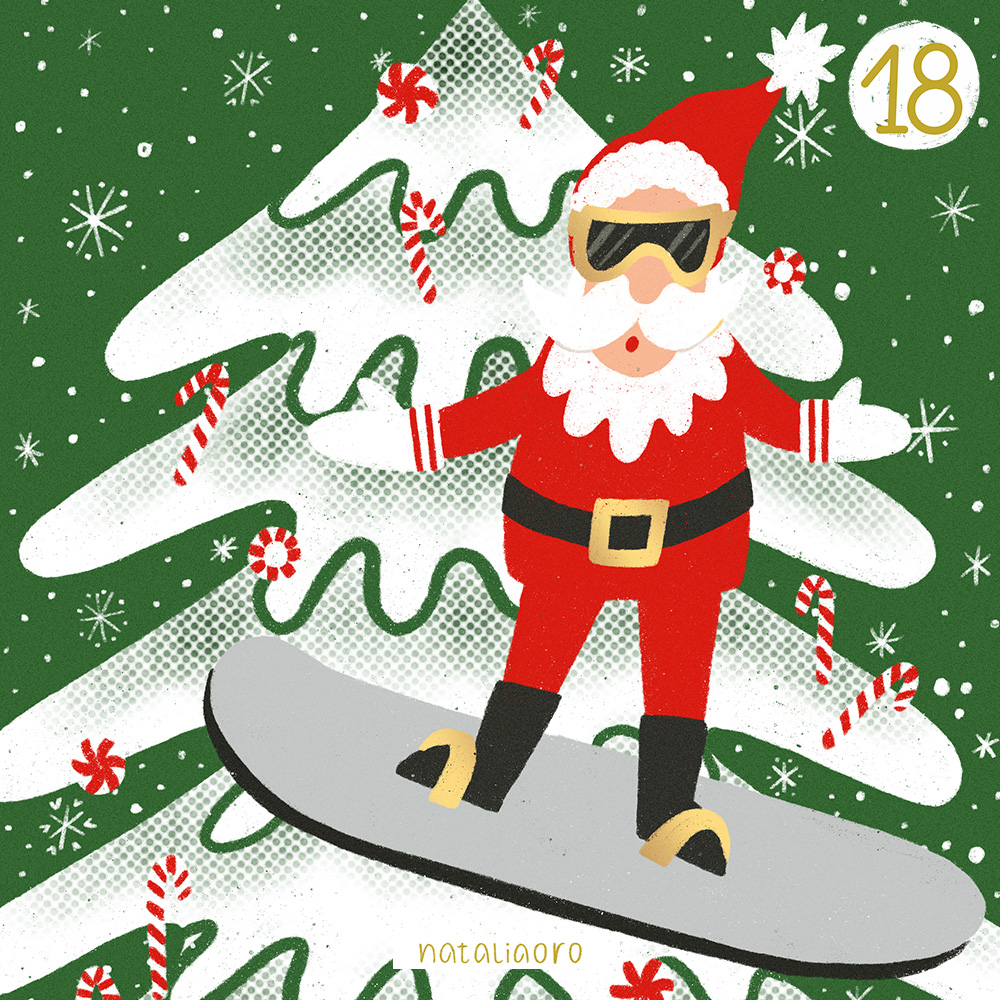 Day 18 Christmas Advent Calendar Santa Claus Snowboard illustration by nataliaoro