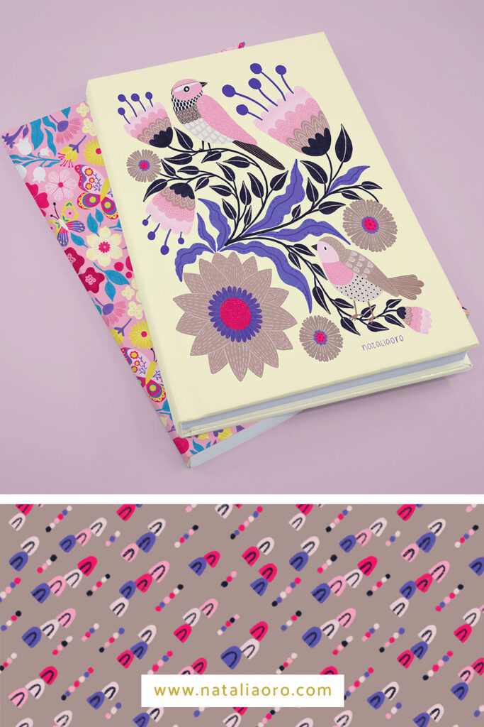 Mockup of notebooks with birds an flowers illustration from the pattern collection Birds, Blooms and Butterflies by nataliaoro