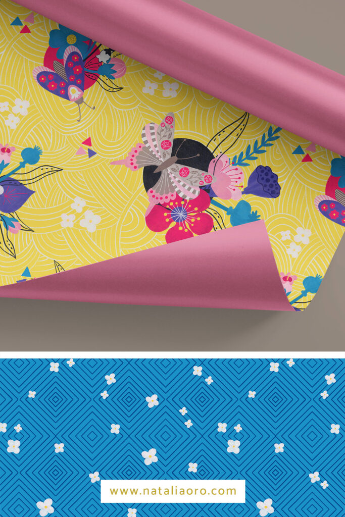 Gift wrap design from the pattern collection Birds, Blooms and Butterflies by nataliaoro
