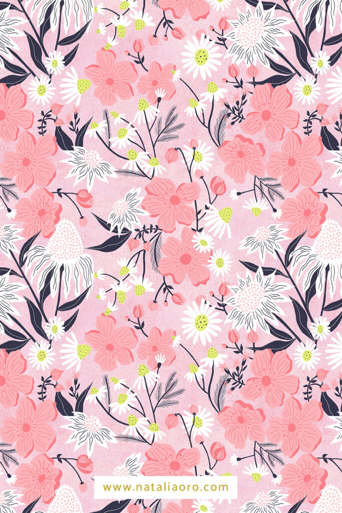 Intricate Wild Meadow floral pattern in pink by nataliaoro
