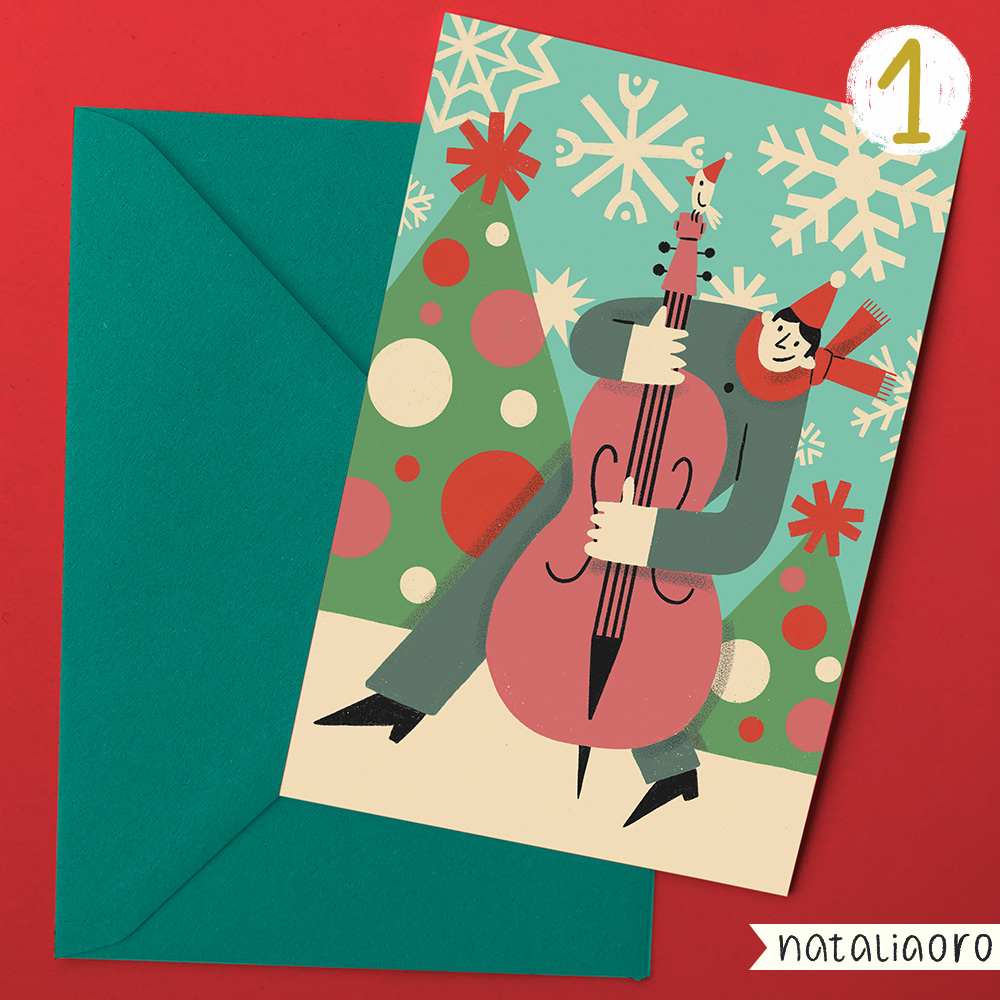 Day 1-Christmas Mid Century Illustration Music Greeting Card, personal project by nataliaoro