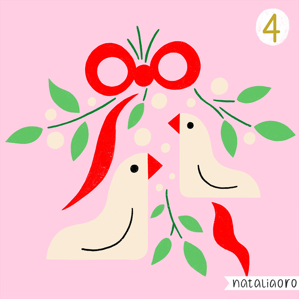 Day 4-Christmas White Doves Illustration with Mistletoe, personal project by nataliaoro
