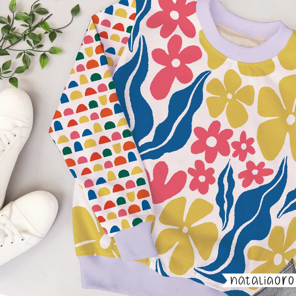 Big summer blooms and abstract shapes on a sweatshirt mockup by nataliaoro
