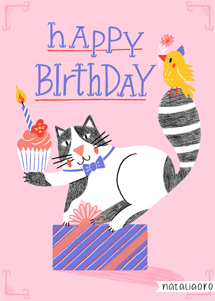 Birthday Card with a cat holding a cupcake by nataliaoro