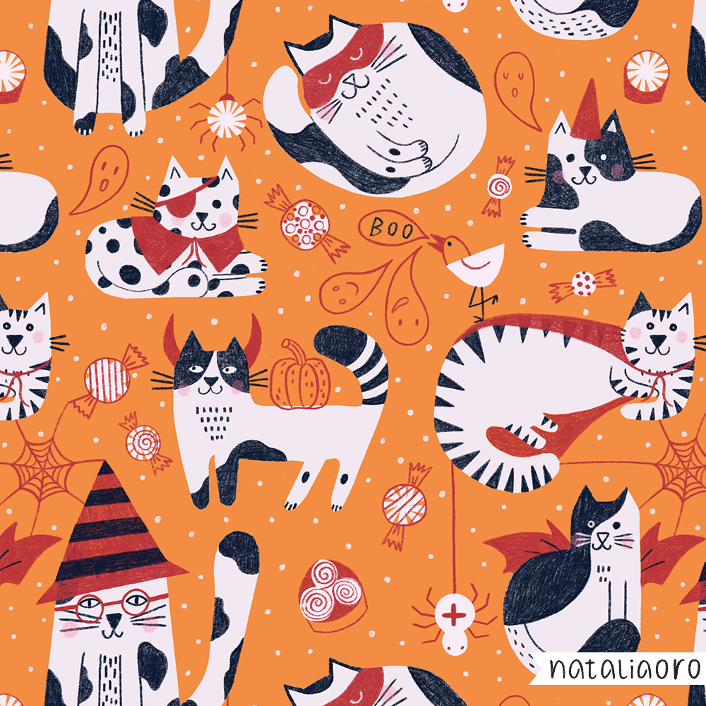 Playful cats dressed for a Halloween party pattern by nataliaoro