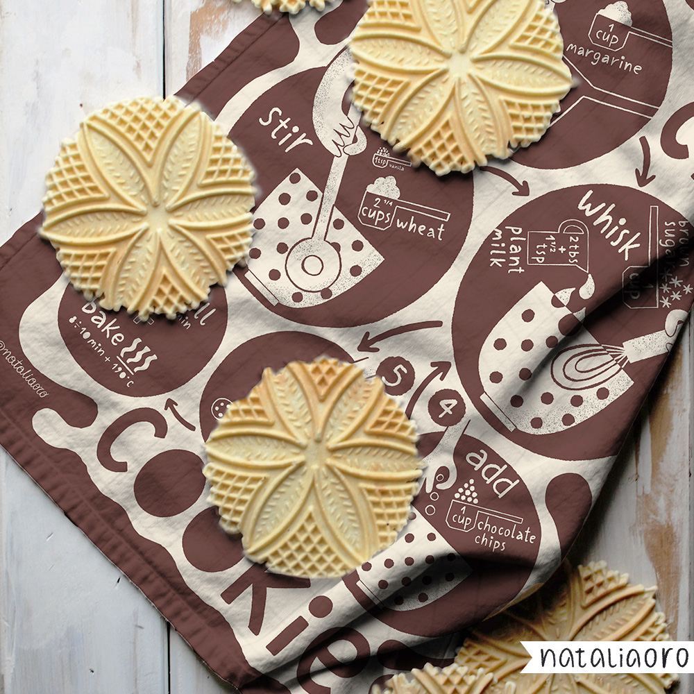 An Illustration of a Chocolate Cookies recipe on a tea towel mockup by nataliaoro