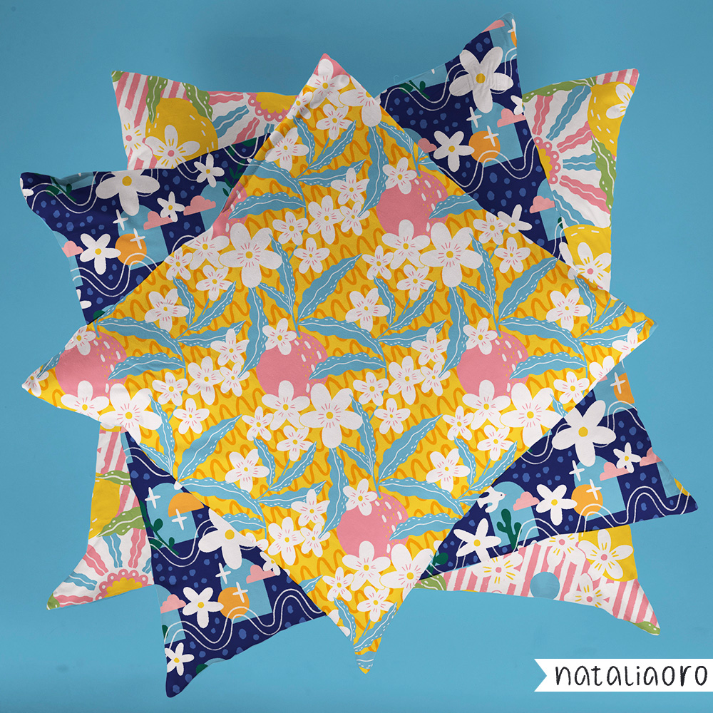 Dolce Vita pattern collection on a pillow mockup by nataliaoro