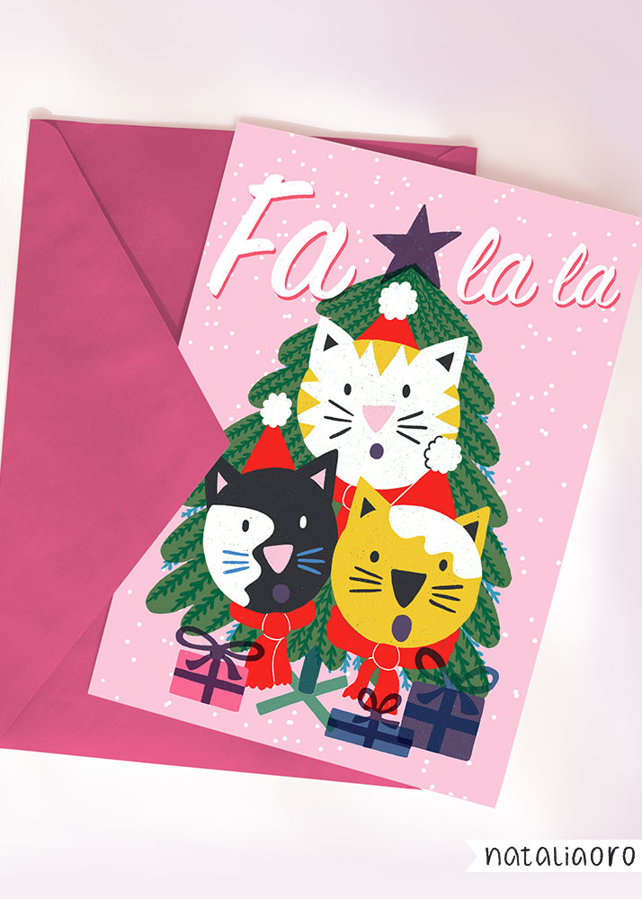 Mockup of a Christmas Card wit cats singing Falala by nataliaoro