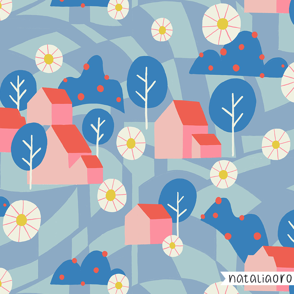 Field landscape with tiny houses, flowers and trees pattern by nataliaoro