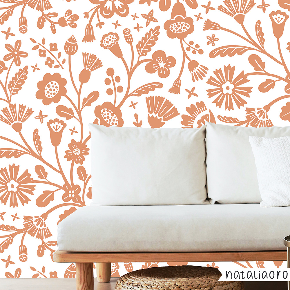 Terracotta folk art floral pattern on a wallpaper mockup by nataliaoro