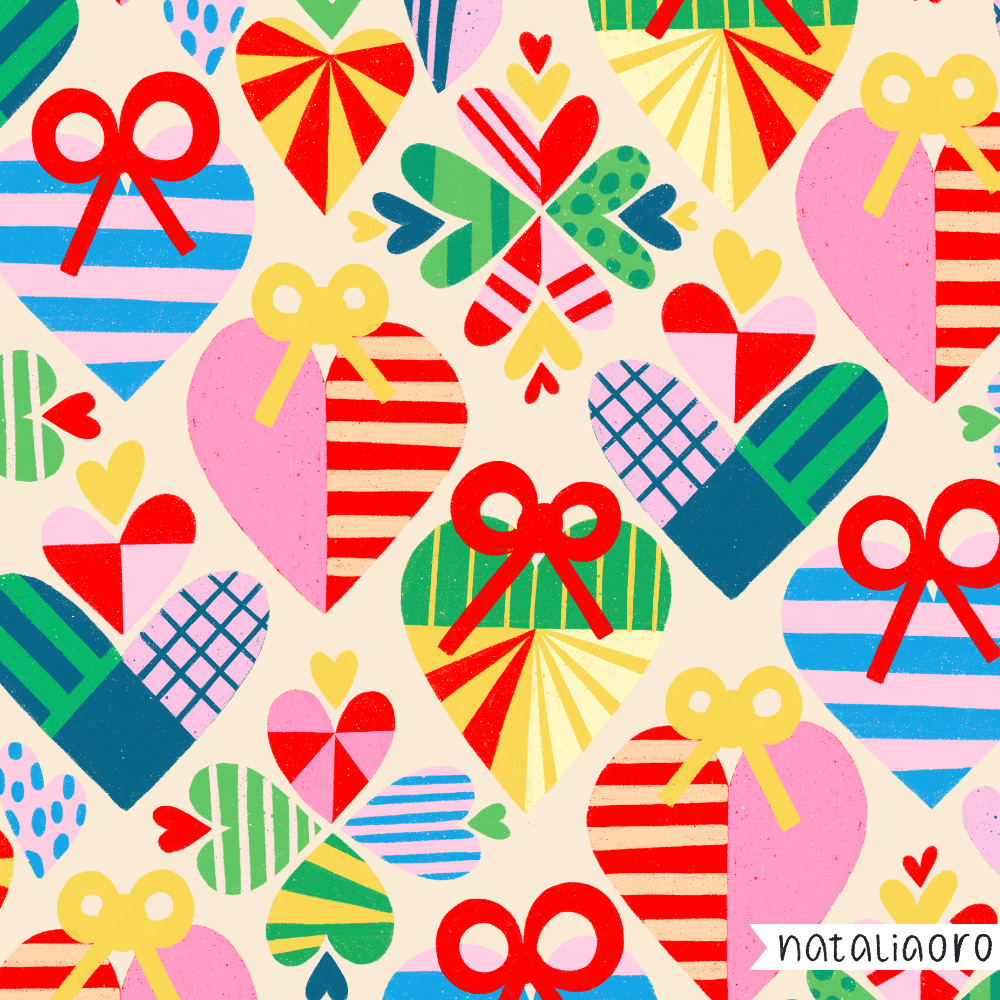 Funky and colourful hearts with stripes and dots pattern by nataliaoro