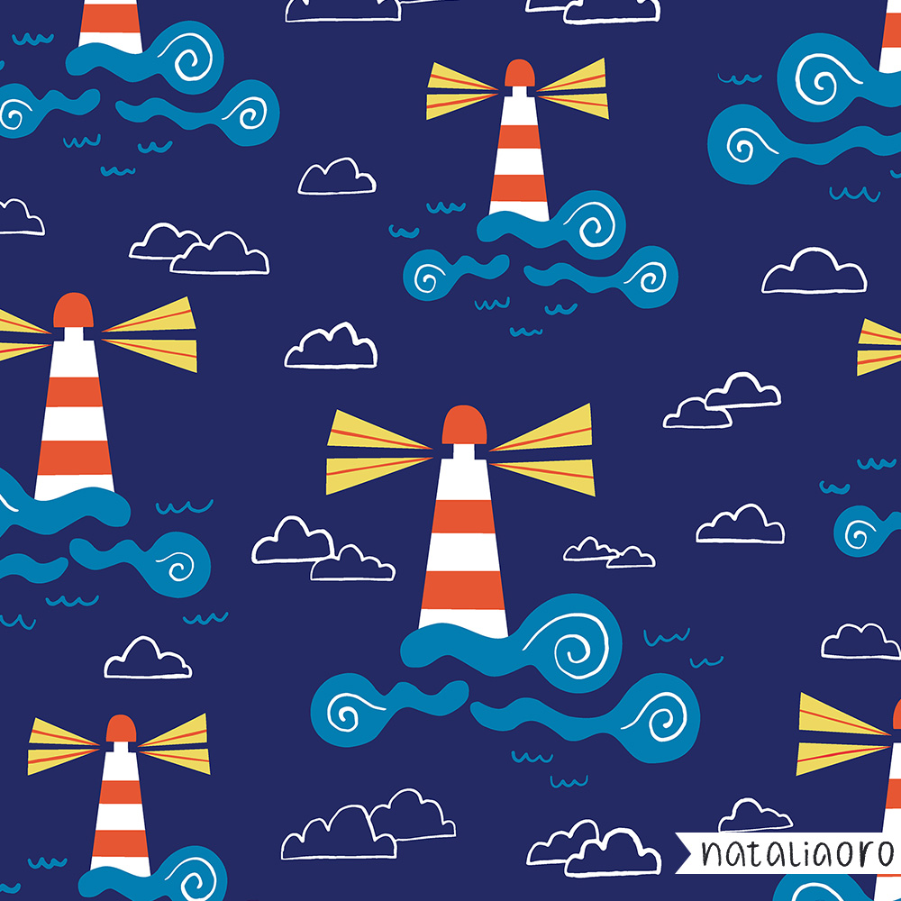 Lighthouse Sea Pattern in navy by nataliaoro