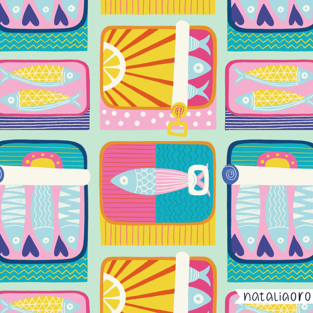 Funky sardines in tin cans pattern by nataliaoro