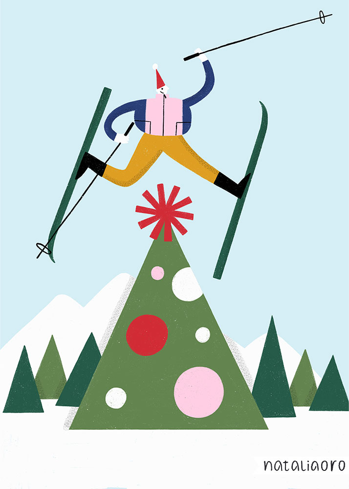 Winter illustration with a Christmas tree and skier in the mountains