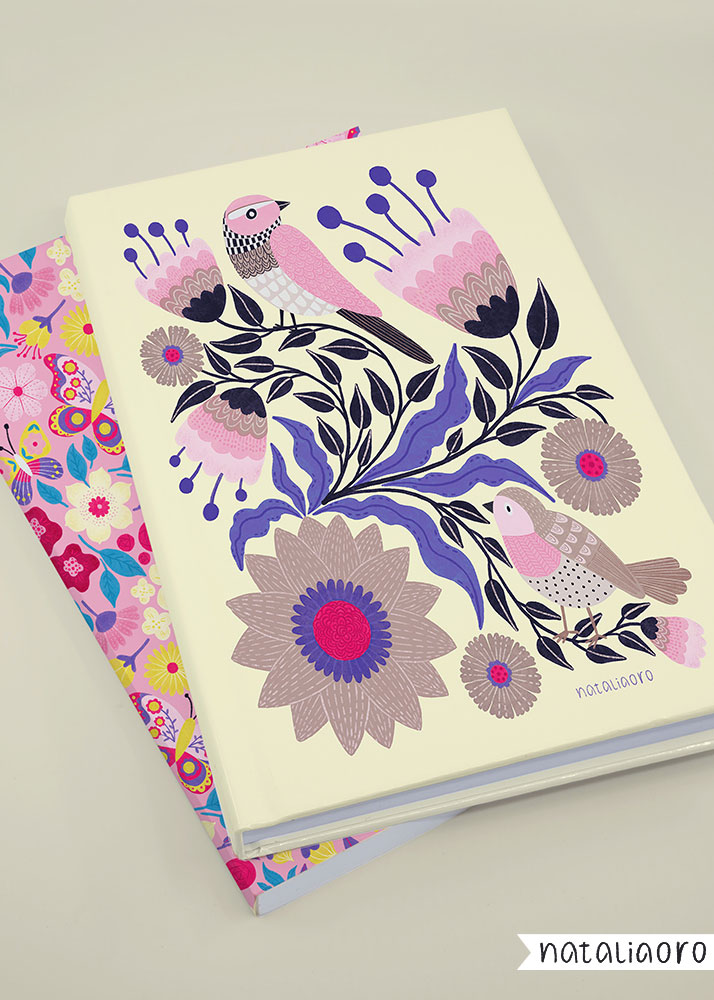 Summer blooms and birds illustration on a notebook mockup by nataliaoro