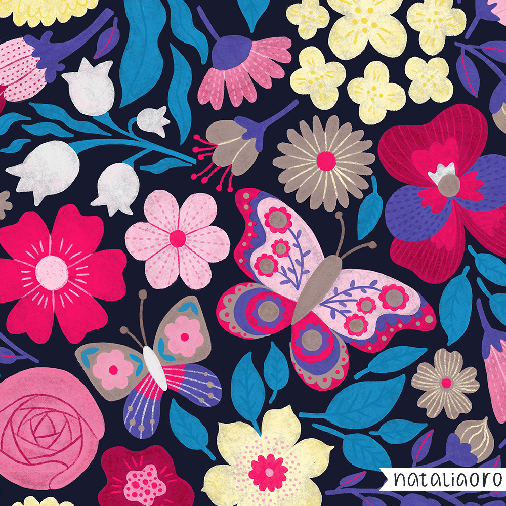 Summer blooms and butterflies floral pattern by nataliaoro