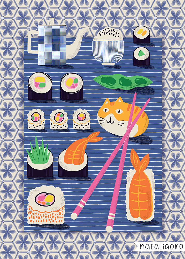 Illustration with a sushi placemat on a geometrical background by nataliaoro
