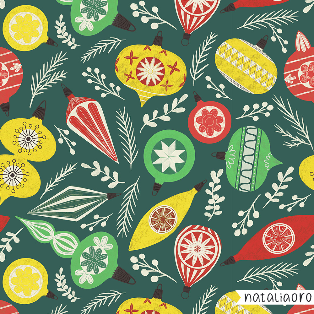 Vintage Christmas ornaments and winter foliage pattern by nataliaoro