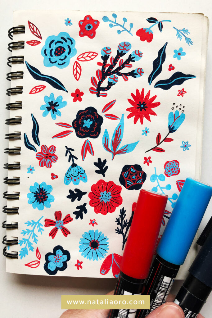 Method 3 - markers and flower doodles in a sketchbook - by nataliaoro