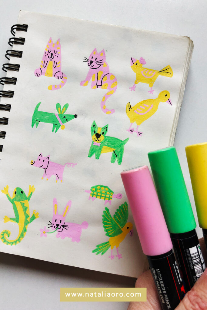 Method 3 - to choose a colour palette - markers and animals in a sketchbook - by nataliaoro