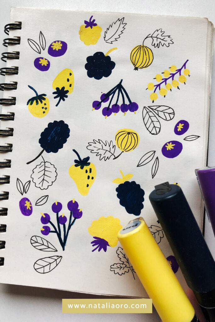 Method 3 - markers and fruits and foliage in a sketchbook - by nataliaoro