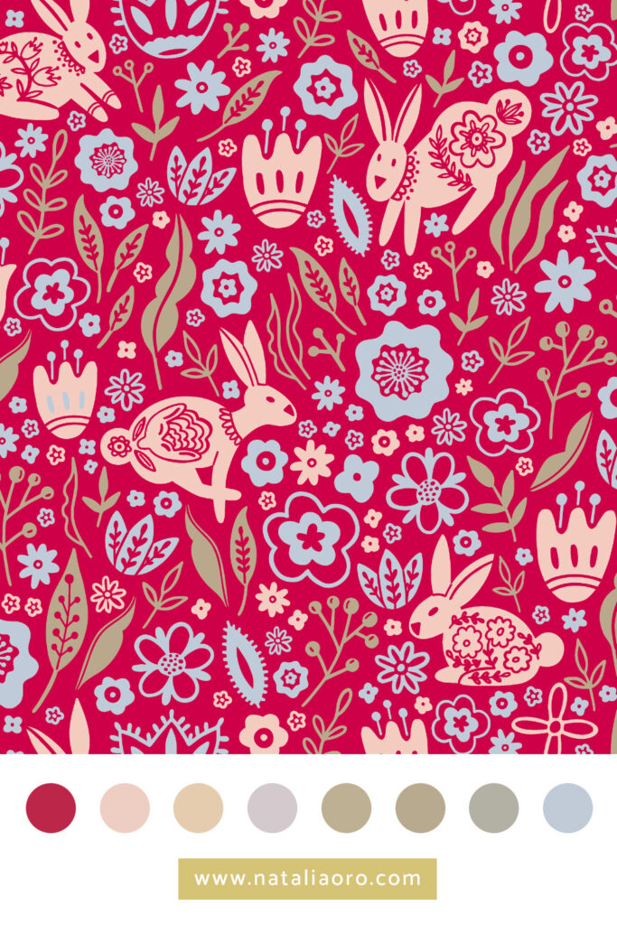 Method 7 - Pantone colour of the year Viva Magenta Folk Art Flowers and Bunnies pattern  - by nataliaoro