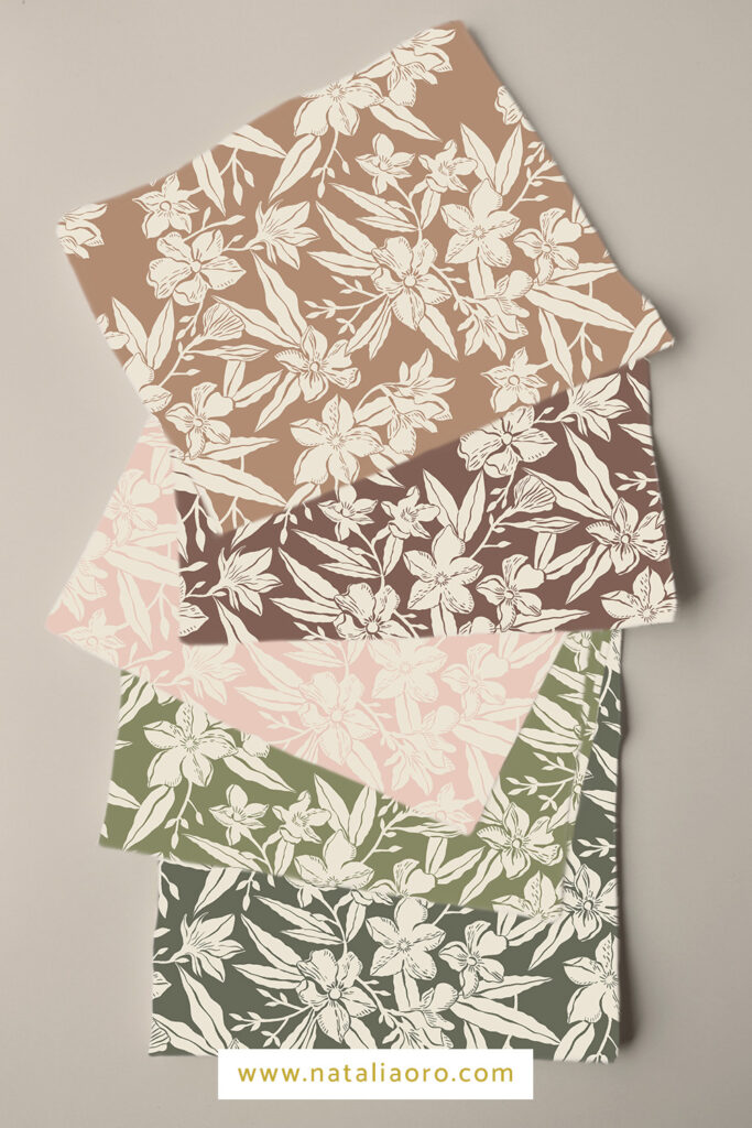 Oleander pattern design collection on fabric by nataliaoro