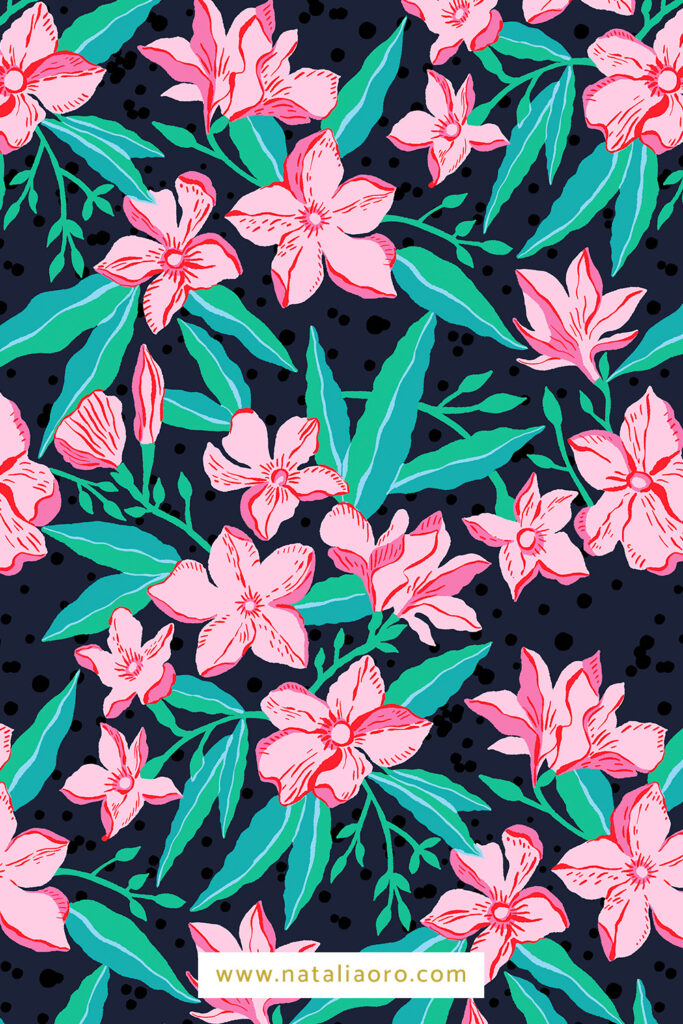 Oleander Flower pattern in bright colours on dark background by nataliaoro