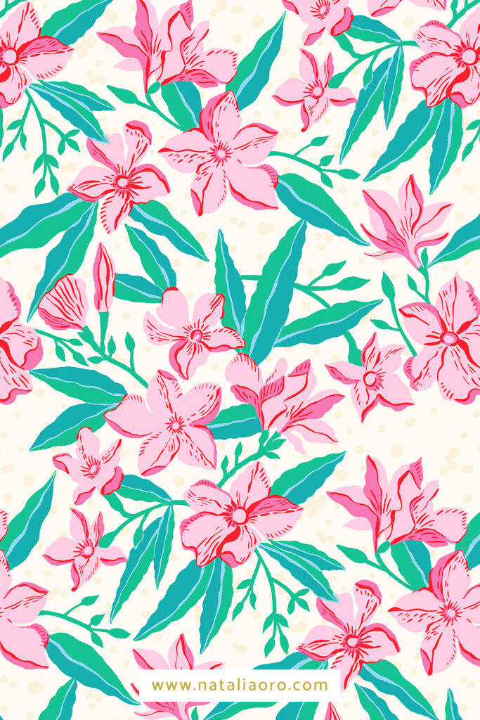 Oleander Flower pattern in bright colours on light background by nataliaoro