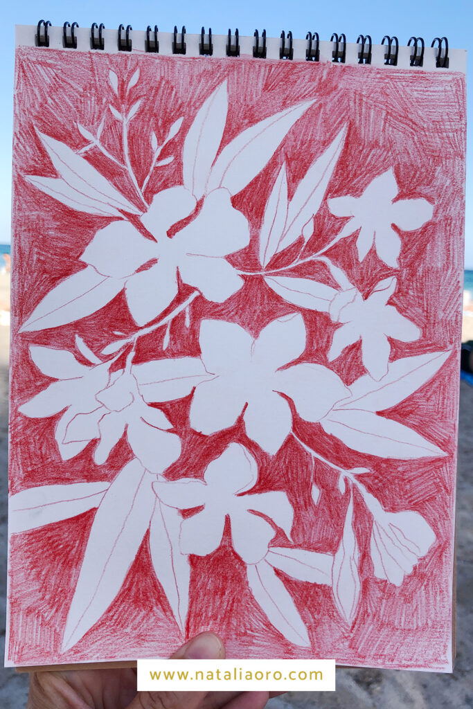 Oleander drawing with watercolour and red pencil by nataliaoro