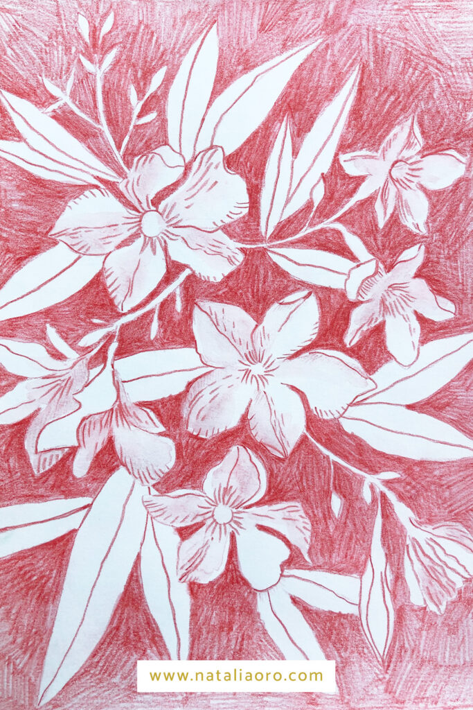 From sketch to pattern - a finished Oleander drawing with watercolour and red pencil by nataliaoro