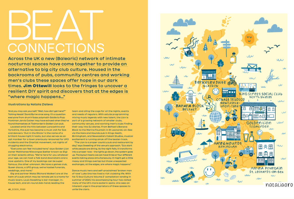 Editorial map illustration of Great Britain for the feature Nu Balearic Network and the Disco Pogo magazine by nataliaoro