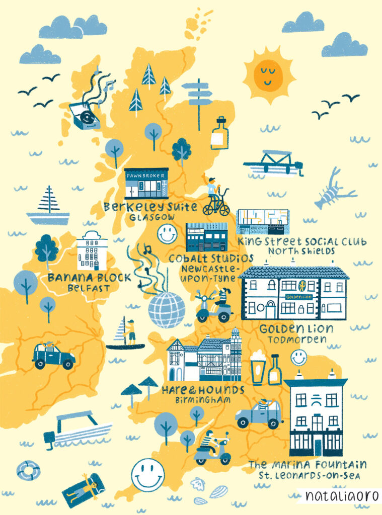 Editorial map illustration of Great Britain for the Disco Pogo magazine by nataliaoro