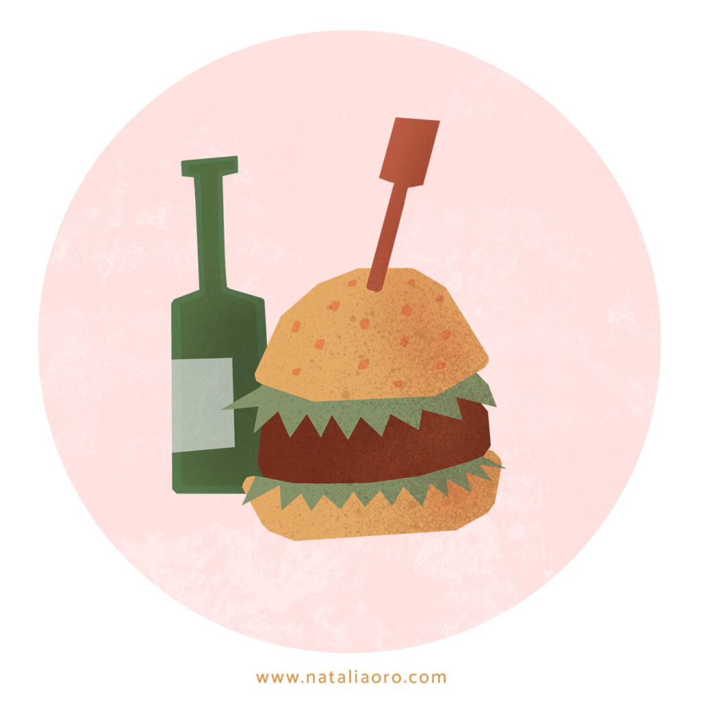 Food spot illustration of a burger and a beer for the illustrated map Basel for foodies by nataliaoro